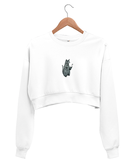 Tisho - Gri Kedili Beyaz Kadın Crop Sweatshirt