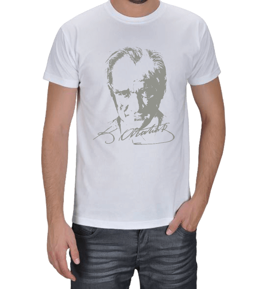 Tisho - Gri Renkli, imzalı Atatürk Silüeti Erkek Tişört