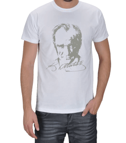 Gri Renkli, imzalı Atatürk Silüeti Erkek Tişört - Thumbnail