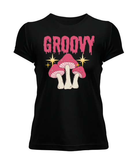 Tisho - Groovy Mushroom-Mantar Siyah Kadın Tişört