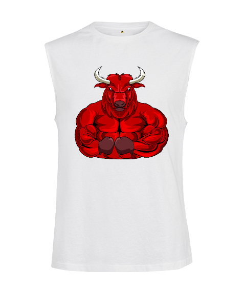Tisho - Güçlü kaslı fitness sinirli kırmızı boğa özel tasarım Beyaz Kesik Kol Unisex Tişört