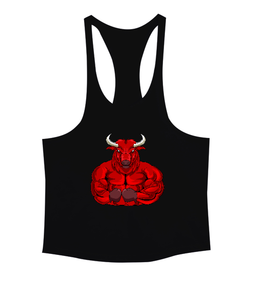 Tisho - Güçlü kaslı fitness sinirli kırmızı boğa özel tasarım Siyah Erkek Tank Top Atlet