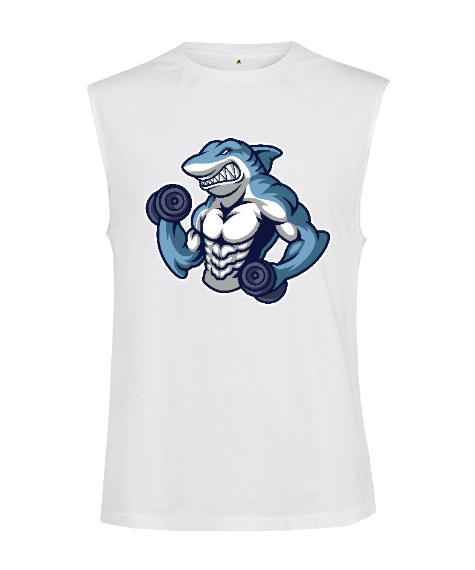Tisho - Güçlü kaslı fitness sinirli köpek balığı özel tasarım Beyaz Kesik Kol Unisex Tişört