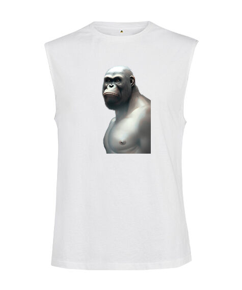 Tisho - Güçlü Kaslı Sert Bakışlı Orangutan Beyaz Kesik Kol Unisex Tişört