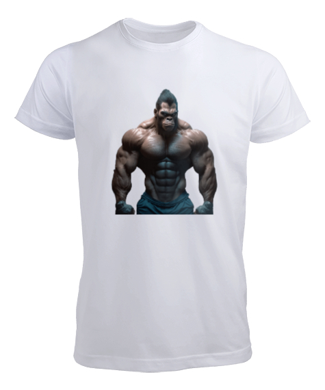 Tisho - Güçlü Kaslı Sert Bakışlı Orangutan Tasarımı Baskılı Beyaz Erkek Tişört