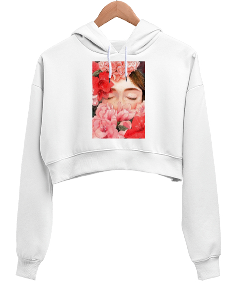 Tisho - Gül Beyaz Kadın Crop Hoodie Kapüşonlu Sweatshirt