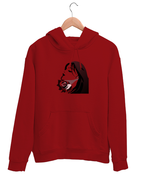 Tisho - Gül Resimli Kırmızı Unisex Kapşonlu Sweatshirt