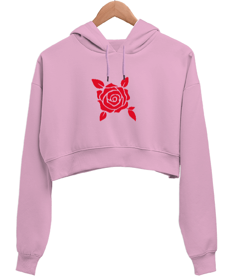 Tisho - Gül Tasarımlı Kadın Crop Hoodie Kapüşonlu Sweatshirt
