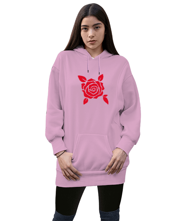 Tisho - Gül Tasarımlı Kadın Uzun Hoodie Kapüşonlu Sweatshirt