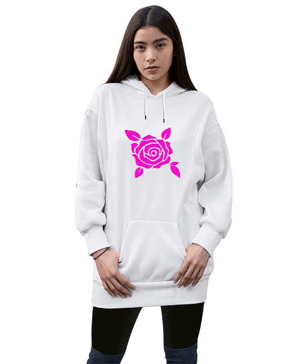 Tisho - Gül Tasarımlı Kadın Uzun Hoodie Kapüşonlu Sweatshirt