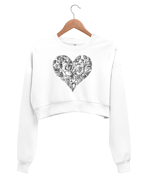 Tisho - GÜL VE KALP Beyaz Kadın Crop Sweatshirt