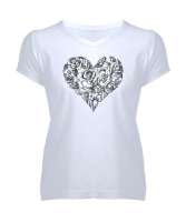 GÜL VE KALP Beyaz Kadın V Yaka Tişört - Tisho