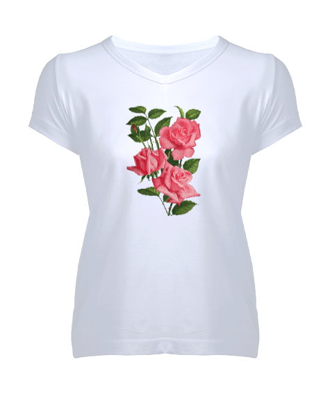 Tisho - Güller - Roses Beyaz Kadın V Yaka Tişört