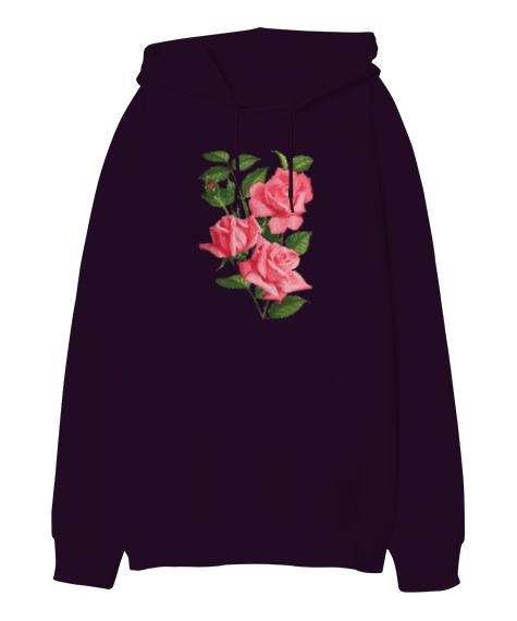Tisho - Güller - Roses Koyu Mor Oversize Unisex Kapüşonlu Sweatshirt
