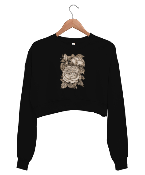 Tisho - Güller - Roses V2 Siyah Kadın Crop Sweatshirt