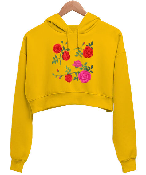 Tisho - güller Sarı Kadın Crop Hoodie Kapüşonlu Sweatshirt