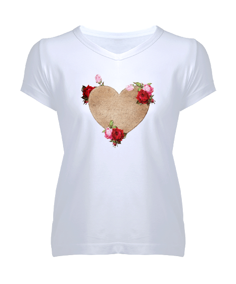 Tisho - Güller ve Kalp - Roses And Heart Beyaz Kadın V Yaka Tişört