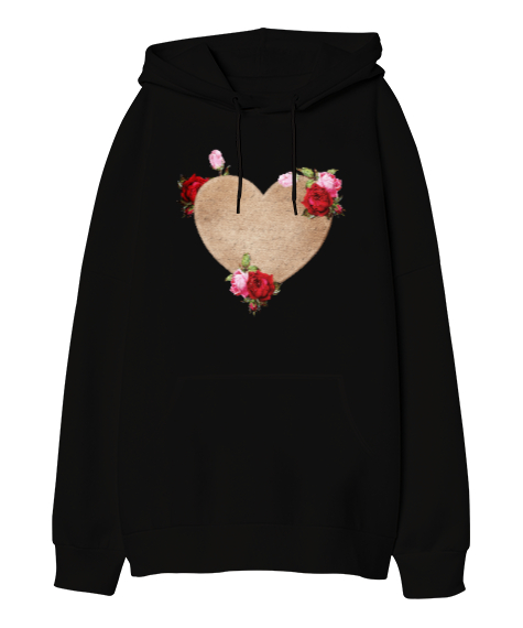 Tisho - Güller ve Kalp - Roses And Heart Siyah Oversize Unisex Kapüşonlu Sweatshirt