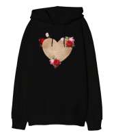 Güller ve Kalp - Roses And Heart Siyah Oversize Unisex Kapüşonlu Sweatshirt - Tisho
