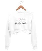 Gülümse Lütfen - Please Smile - Kedi Beyaz Kadın Crop Sweatshirt - Tisho
