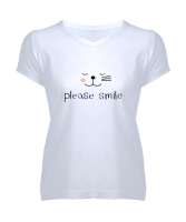 Gülümse Lütfen - Please Smile - Kedi Beyaz Kadın V Yaka Tişört - Tisho