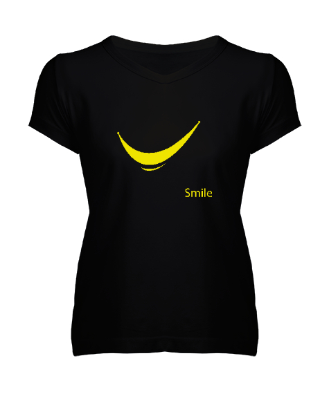 Tisho - Gülümse - Smile Siyah Kadın V Yaka Tişört