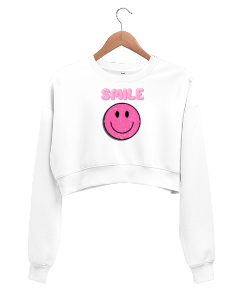 Tisho - Gülümsemek Smile Beyaz Kadın Crop Sweatshirt