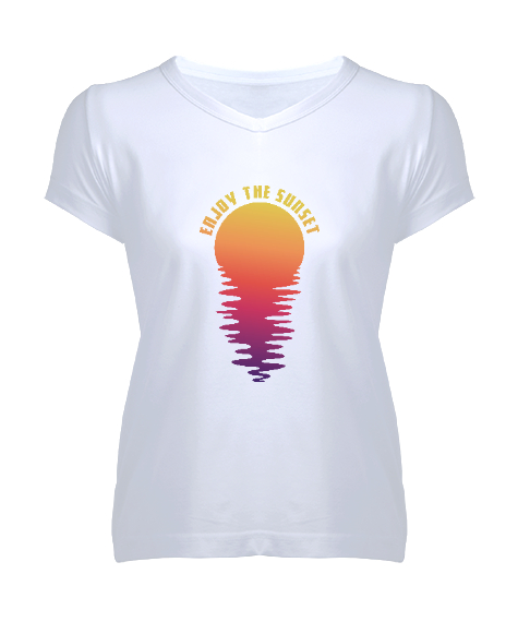 Tisho - Gün Batımının Tadını Çıkar - Sunset Beyaz Kadın V Yaka Tişört