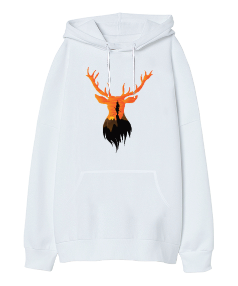 Tisho - Günbatımı Geyik, Deer Beyaz Oversize Unisex Kapüşonlu Sweatshirt