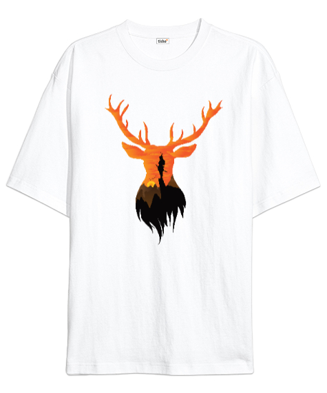 Tisho - Günbatımı Geyik, Deer Beyaz Oversize Unisex Tişört