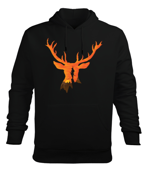 Tisho - Günbatımı Geyik, Deer Siyah Erkek Kapüşonlu Hoodie Sweatshirt