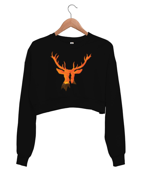 Tisho - Günbatımı Geyik, Deer Siyah Kadın Crop Sweatshirt