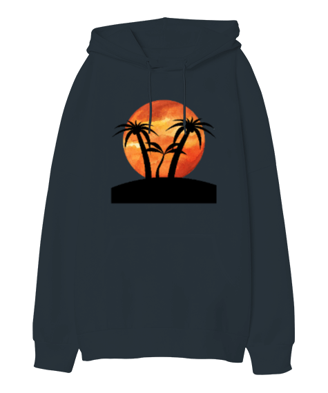 Tisho - Günbatımı ve Palmiye Ağaçları Tasarımı, Füme Renkli Oversize Unisex Kapüşonlu Sweatshirt