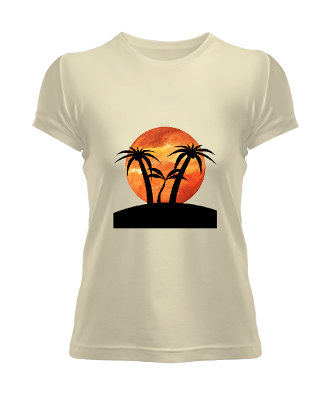 Tisho - Günbatımı ve Palmiye Ağaçları Tasarımı, Krem Renkli Kadın Tişört