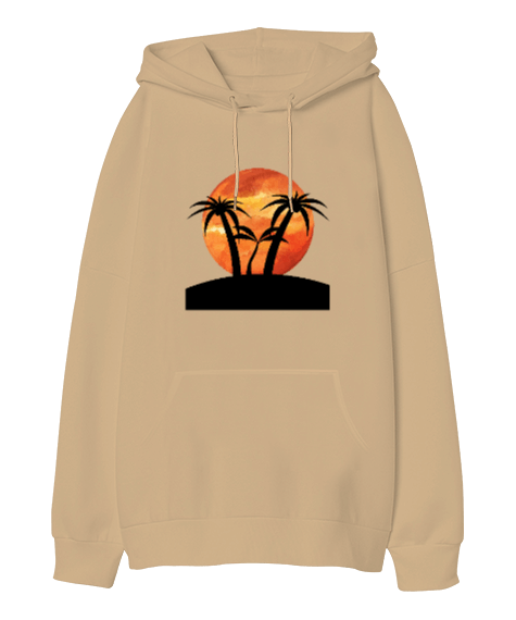 Tisho - Günbatımı ve Palmiye Ağaçları Tasarımı, Krem Renkli Oversize Unisex Kapüşonlu Sweatshirt