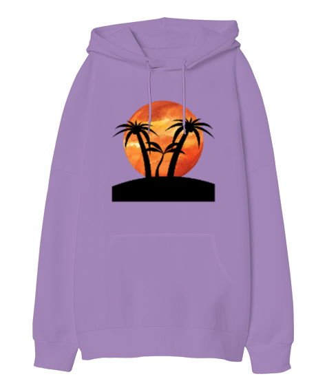 Tisho - Günbatımı ve Palmiye Ağaçları Tasarımı, Lila Renkli Oversize Unisex Kapüşonlu Sweatshirt