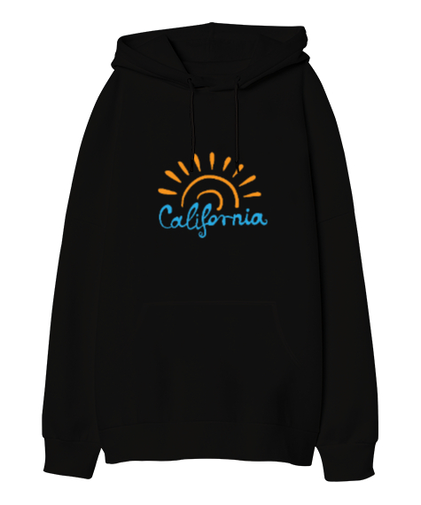 Tisho - Güneşli California Tasarım Baskılı Siyah Oversize Unisex Kapüşonlu Sweatshirt