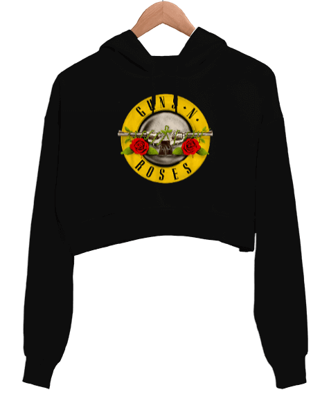 Tisho - Guns N Roses Baskılı Siyah Kadın Crop Hoodie Kapüşonlu Sweatshirt