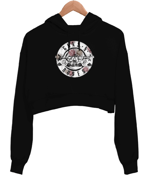 Tisho - Guns N Roses Floral Bullet Baskılı Siyah Kadın Crop Hoodie Kapüşonlu Sweatshirt