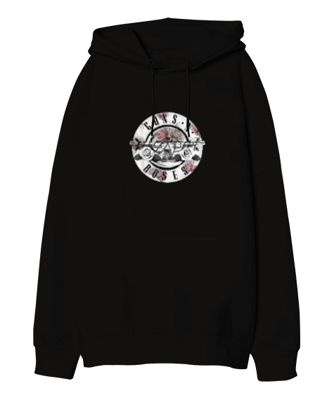 Tisho - Guns N Roses Floral Bullet Baskılı Siyah Oversize Unisex Kapüşonlu Sweatshirt