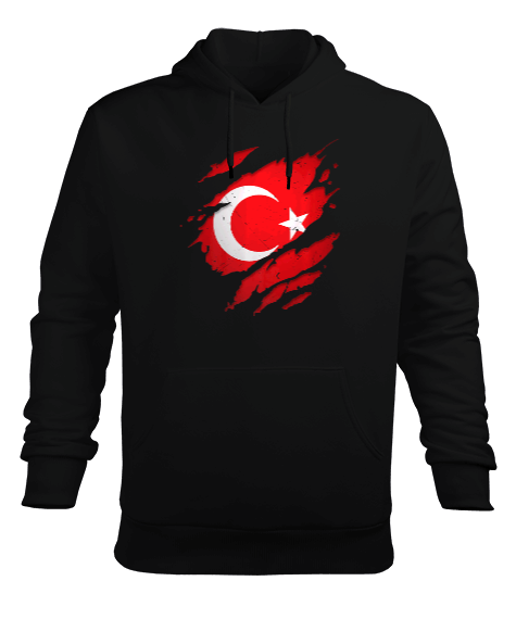 Gururlu Türkiye Türk Tasarım Baskılı Siyah Erkek Kapüşonlu Hoodie Sweatshirt - Tisho