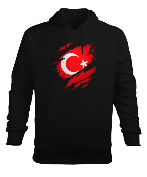 Tisho - Gururlu Türkiye Türk Tasarım Baskılı Siyah Erkek Kapüşonlu Hoodie Sweatshirt