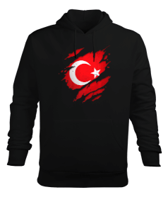 Gururlu Türkiye Türk Tasarım Baskılı Siyah Erkek Kapüşonlu Hoodie Sweatshirt - Tisho