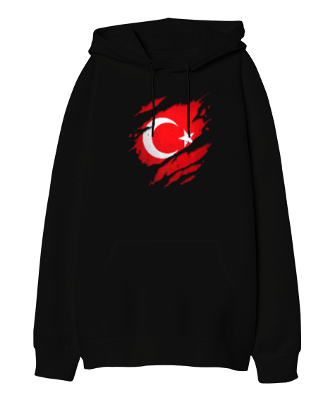 Tisho - Gururlu Türkiye Türk Tasarım Baskılı Siyah Oversize Unisex Kapüşonlu Sweatshirt