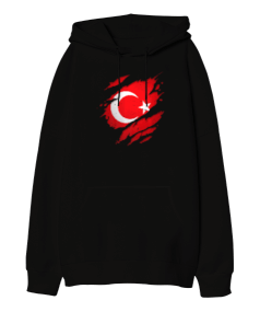 Gururlu Türkiye Türk Tasarım Baskılı Siyah Oversize Unisex Kapüşonlu Sweatshirt - Tisho