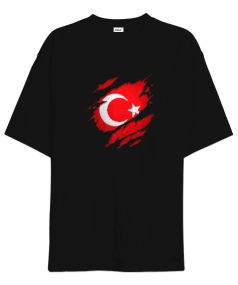 Gururlu Türkiye Türk Tasarım Baskılı Siyah Oversize Unisex Tişört - Tisho