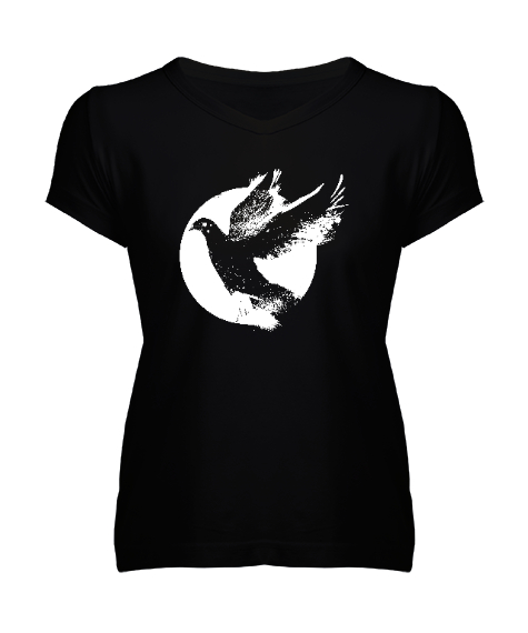 Tisho - Güvercin - Barış - Dove Siyah Kadın V Yaka Tişört