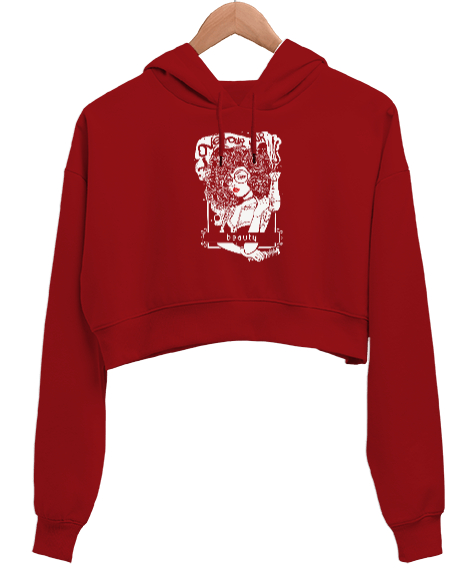 Tisho - Güzellik ve Saçlar- Beauty Kırmızı Kadın Crop Hoodie Kapüşonlu Sweatshirt