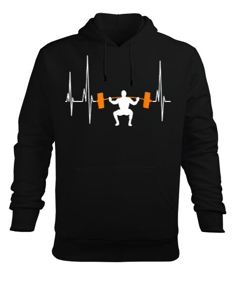 Tisho - Gym Barbell Weightlifting Heartbeat Bodybuilding Tasarımı Baskılı Siyah Erkek Kapüşonlu Hoodie Sweatshirt