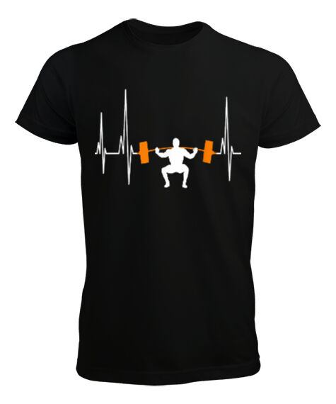 Tisho - Gym Barbell Weightlifting Heartbeat Bodybuilding Tasarımı Baskılı Siyah Erkek Tişört